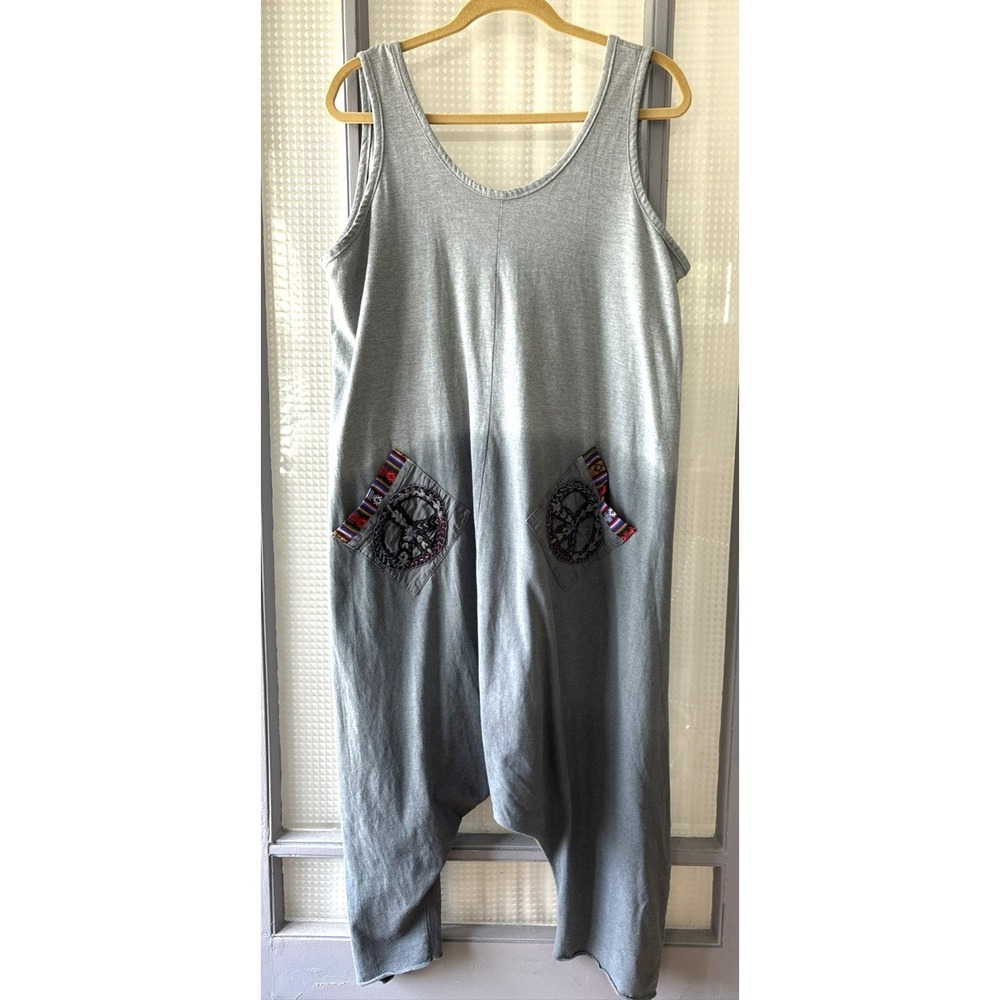 Ark Imports Gray Cotton Harem Jumpsuit Peace Sign Patch Boho Nepal L/XL